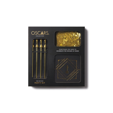 Oscars Collection party kit packaging with gold accents on a white background